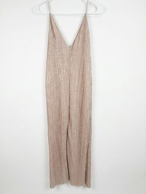 Paper Crane Beige Metallic Pleated Midi Slip Dress